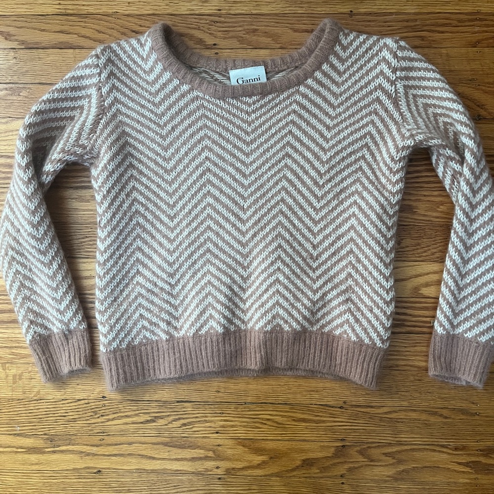 Ganni Brown and Cream Chevron Crew Neck Sweater